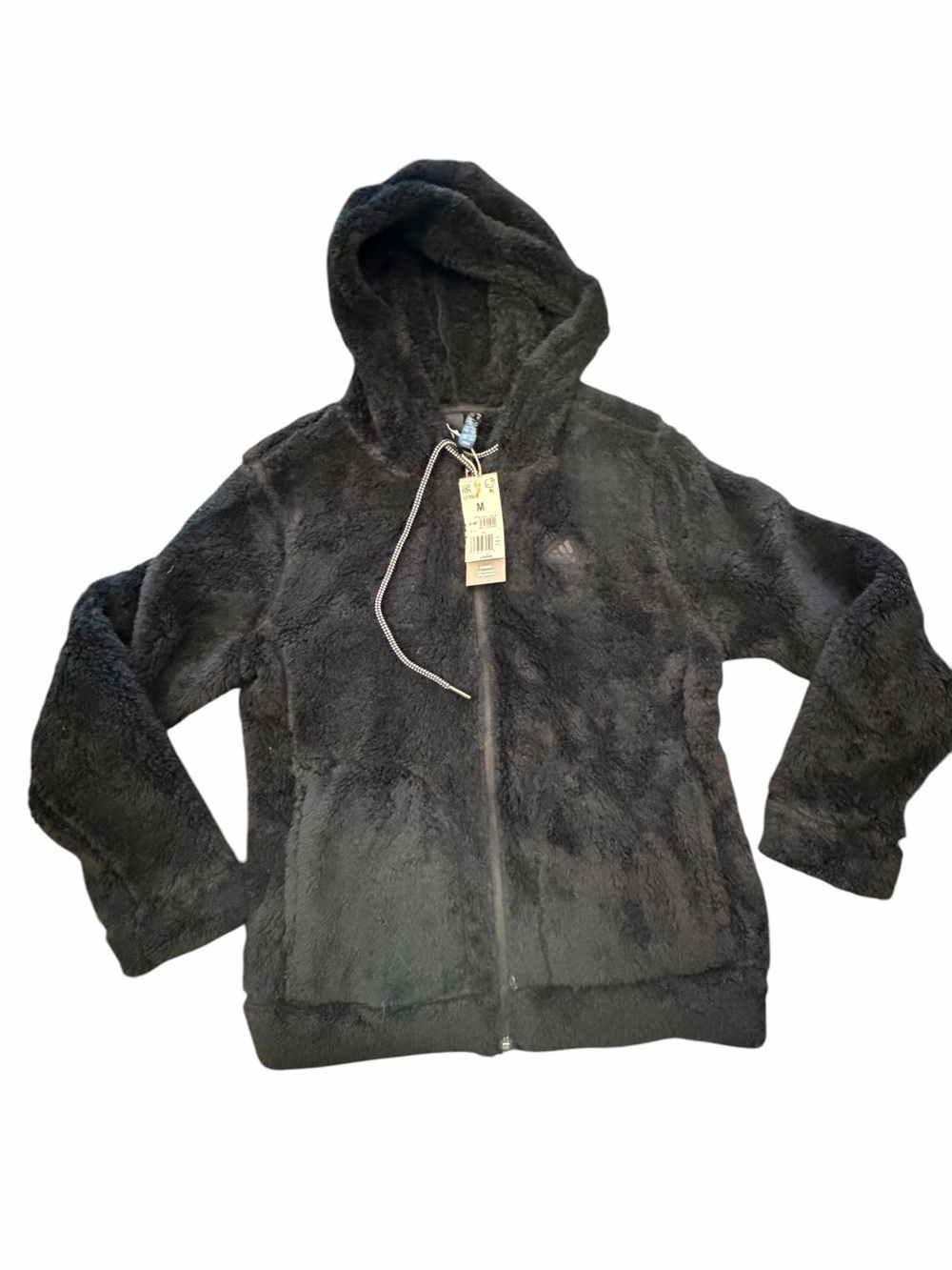 Adidas Sherpa Jacket Fuzzy Fleece Black Plush Zip Up Medium Hooded New Cozy